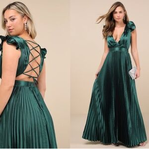 LULU's Sexy Chic Prom Wedding Bridesmaid Satin Ruffle Lace Up Back Maxi Dress